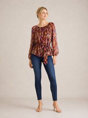 2/$30 Camilla Tree Abstract Print Chiffon Tie-Waist Blouse Petite Small #A3857